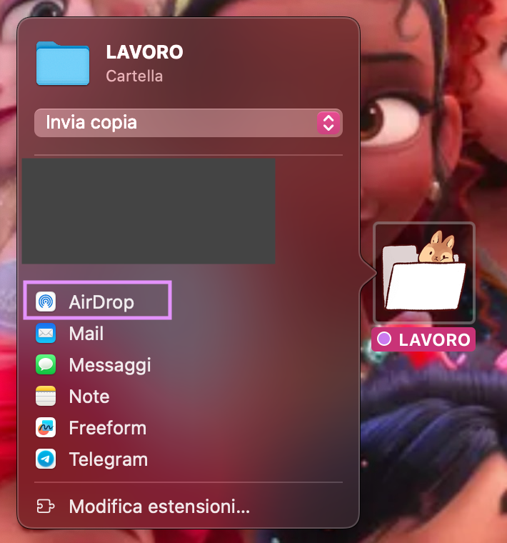 Il menu Condividi su Mac mostra tutte le opzioni di condivisione. Per trasferire un file con AirDrop da un Mac all’altro, fai clic su AirDrop per inviarlo al nuovo Mac.