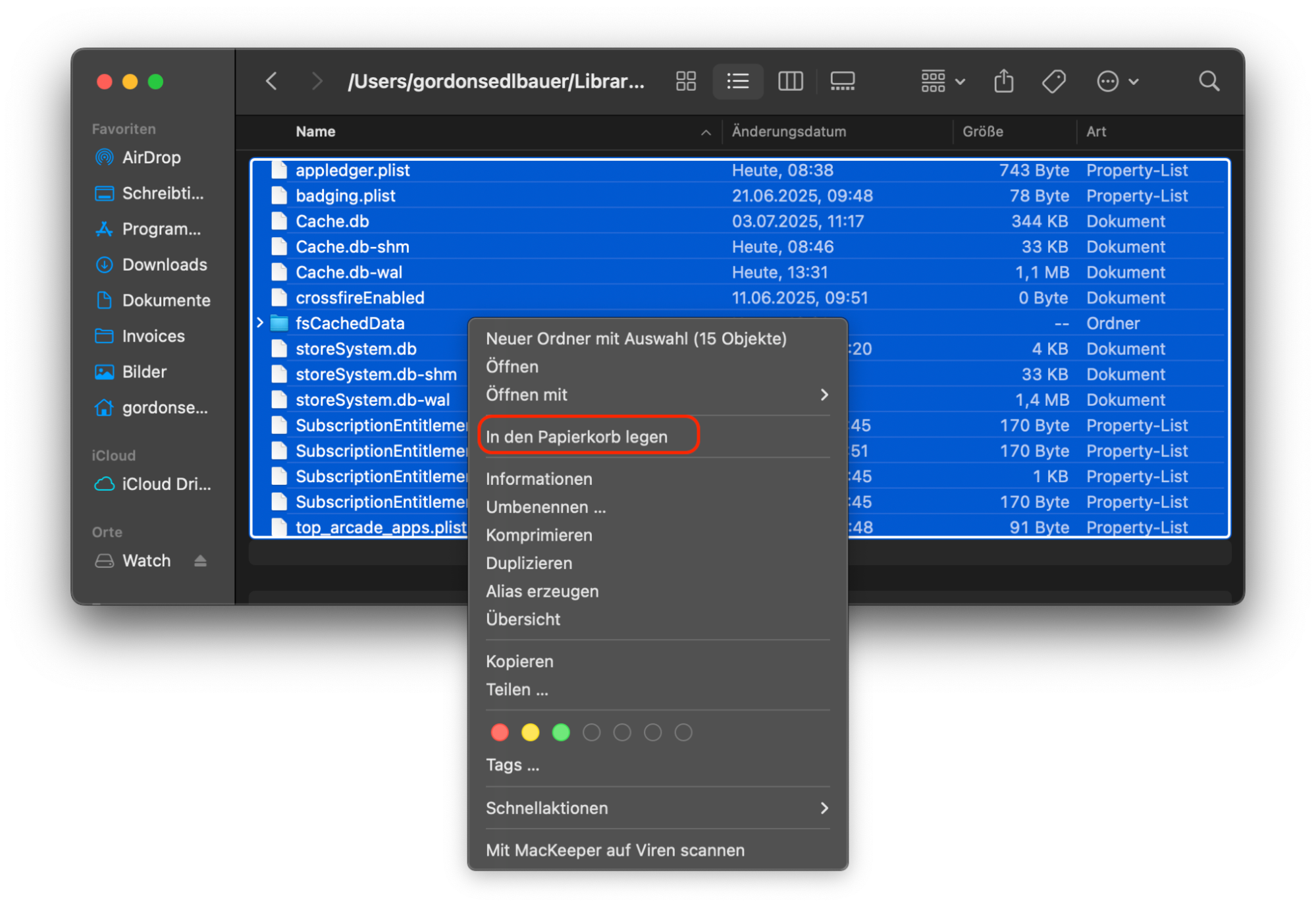Der Finder in macOS Monterey zeigt versteckte Cache-Dateien an. Klicken Sie mit der rechten Maustaste auf die Dateien, die Sie löschen möchten, und wählen Sie dann In den Papierkorb legen.