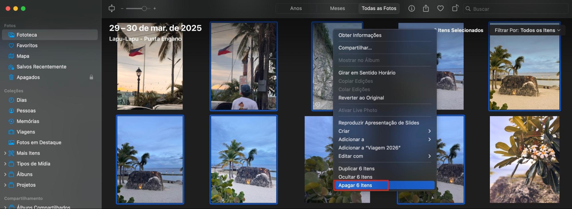 A opção Apagar 6 Itens está destacada em vermelho no aplicativo Fotos no MacBook para remover as fotos.