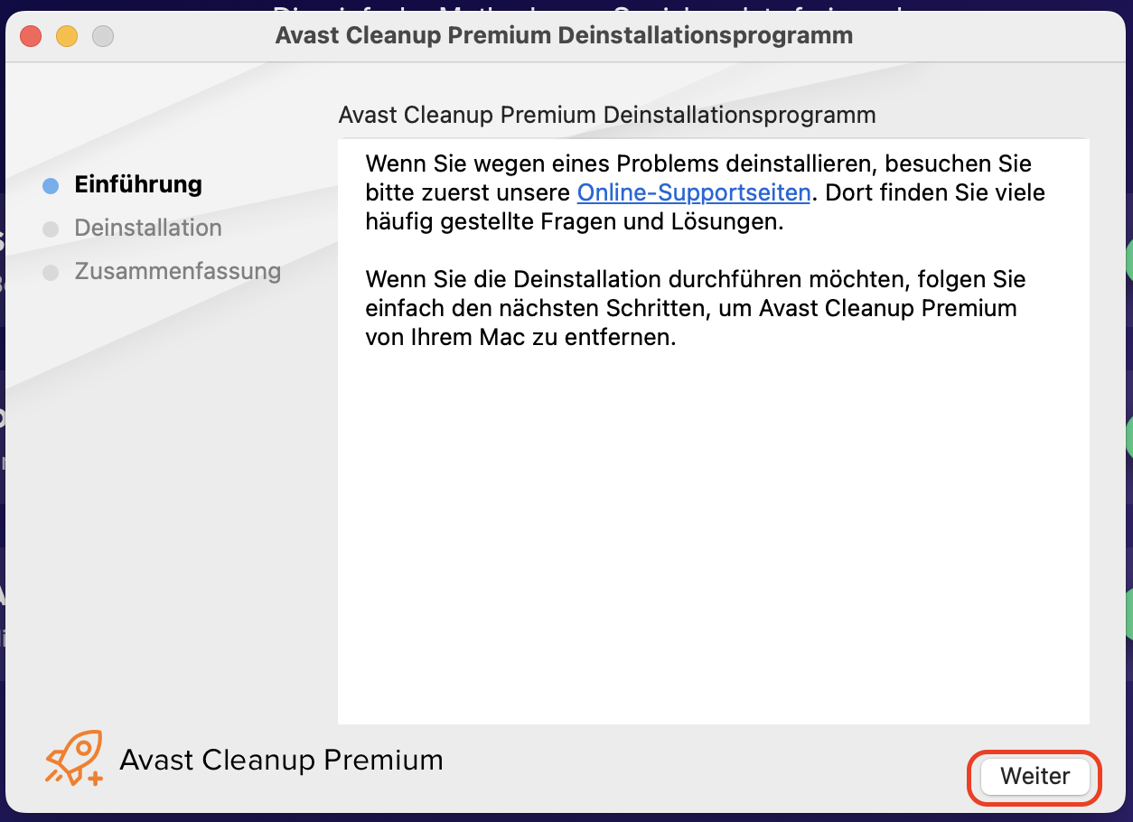 Avast Cleanup auf dem Mac zeigt das Deinstallationsfenster an. Klicken Sie auf Weiter, um fortzufahren. Avast Cleanup auf dem Mac zeigt das Deinstallationsfenster an. Klicken Sie auf Weiter, um fortzufahren.