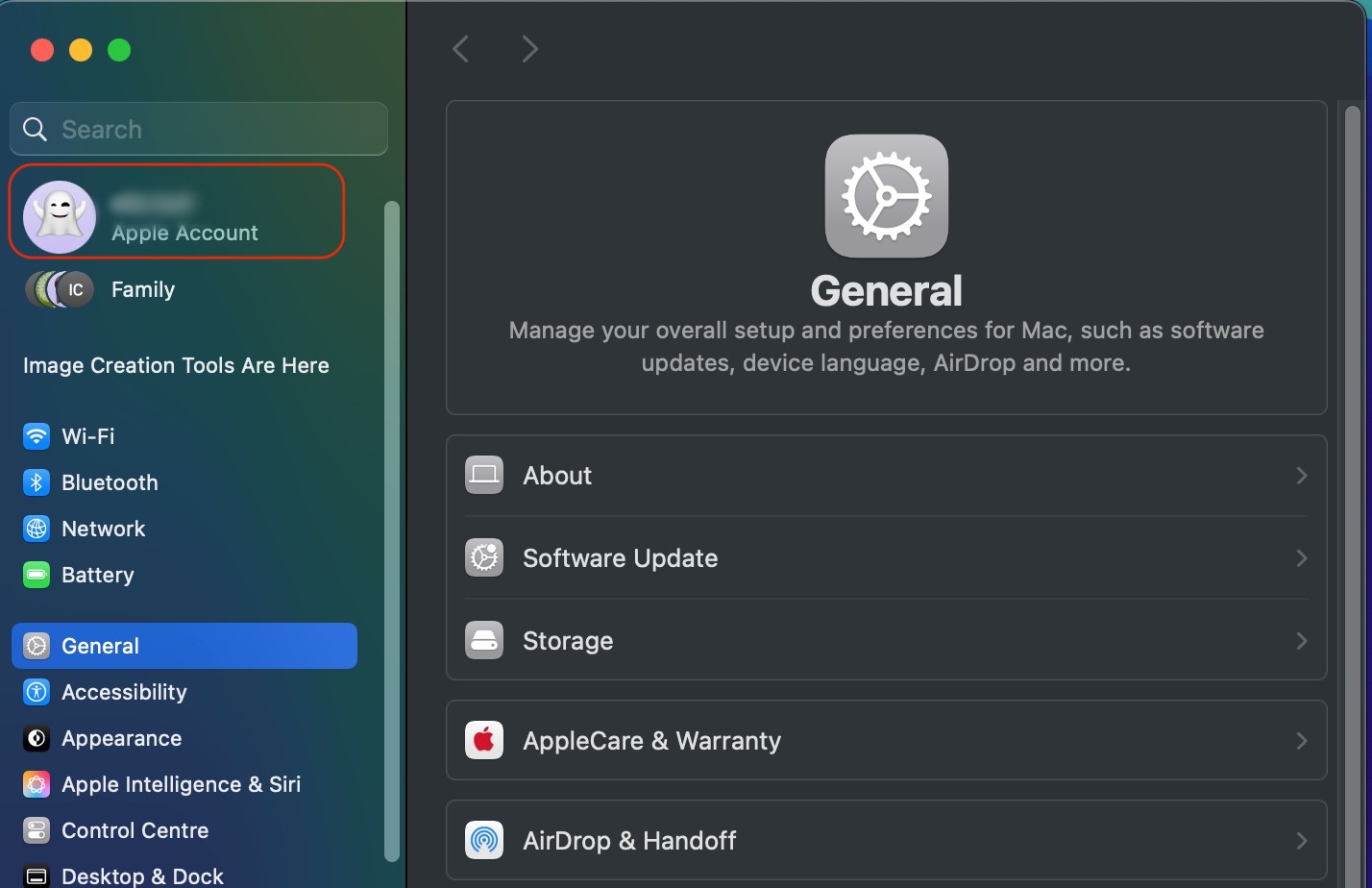 The System Settings page is opened on a MacBook device. Select your name to start fixing the Syncing with iCloud paused error on a Mac.
