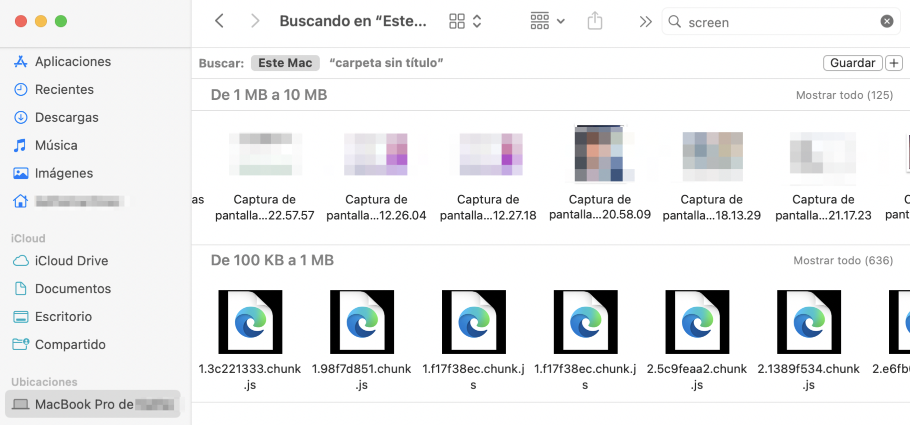 Una nueva carpeta inteligente muestra dónde se pueden localizar los archivos en función de su tamaño. Por ejemplo, aquí hay una carpeta de capturas de pantalla dentro de la nueva carpeta inteligente en un MacBook.
