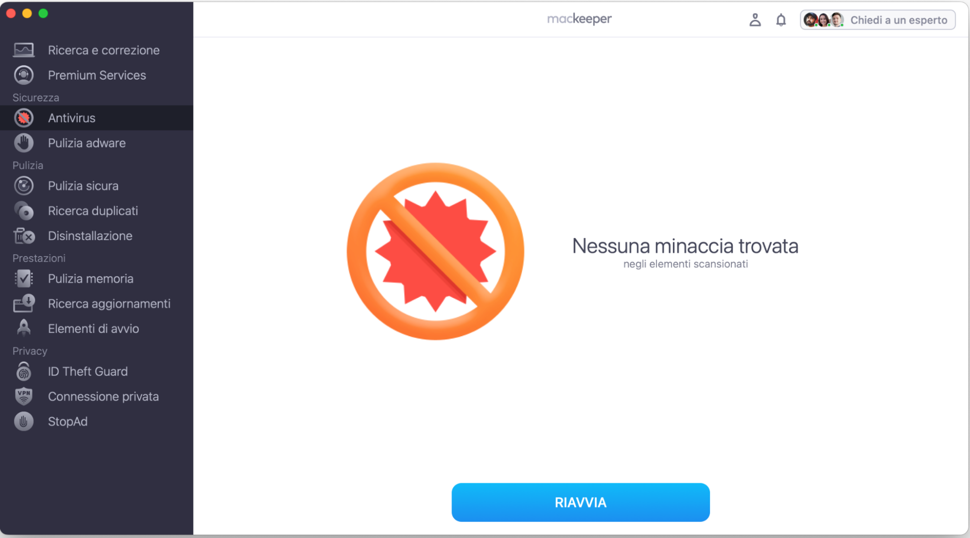 Al termine della scansione, l'app mostrerà l'elenco delle minacce rilevate, se presenti. Puoi spostarle in quarantena o rimuoverle.