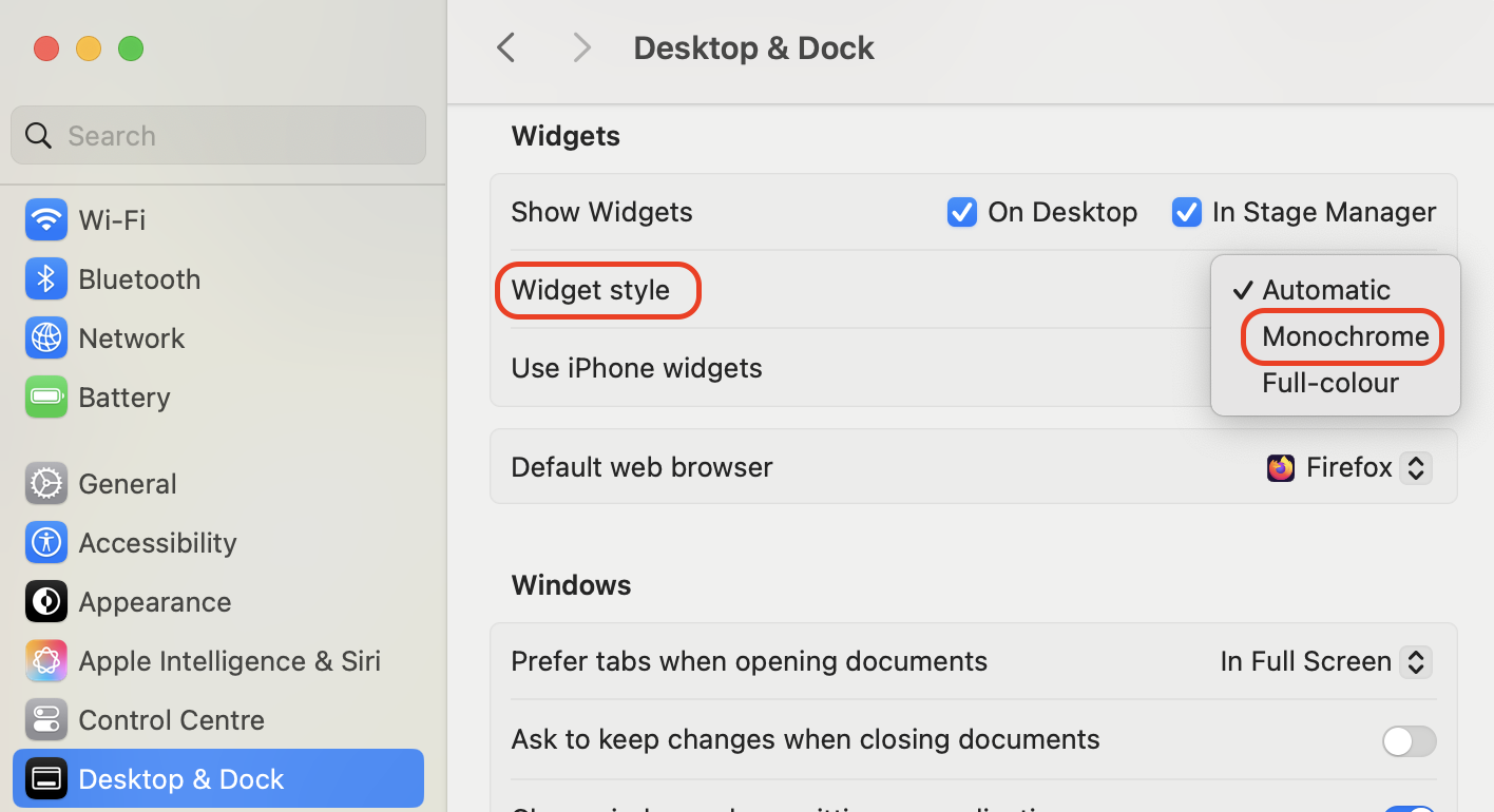 In System Settings, open Desktop and Dock on your Mac, find the Widget style option in the Widgets section, and select Monochrome to hide them visually.