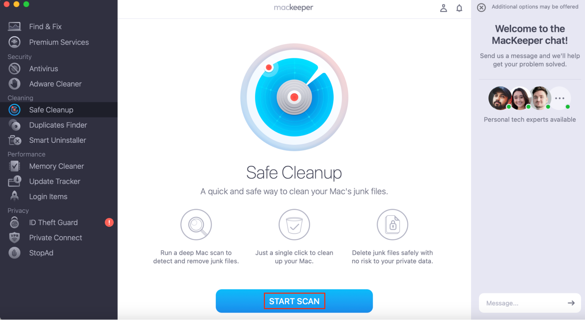 MacKeeper's Safe Cleanup, with the Start Scan button highlighted. How to clear cache on Mac Sonoma automatically, using MacKeeper's Safe Cleanup.
