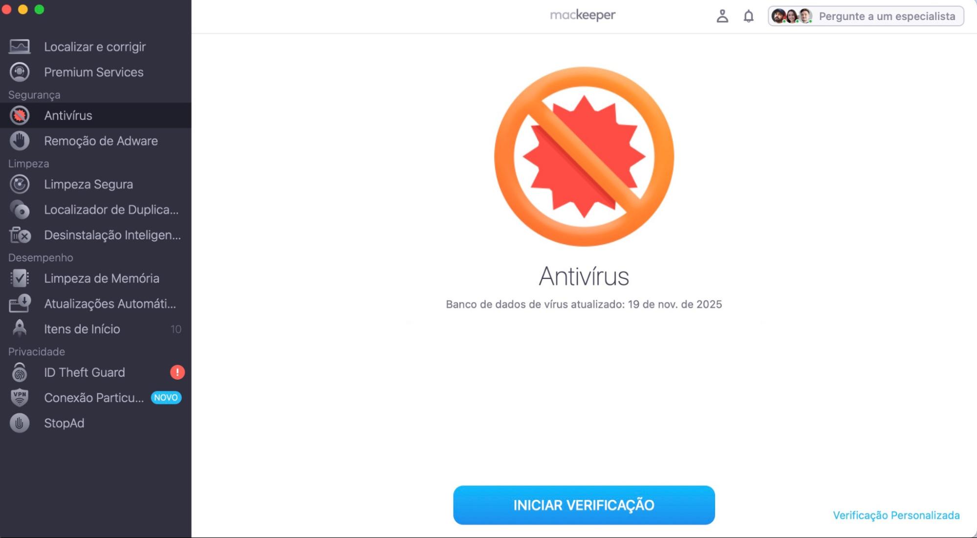 Se você não encontra a pasta Aplicativos e suspeita que ela tenha sido afetada por malware ou por um vírus, faça uma verificação com o Antivírus. Abra o MacKeeper, selecione Antivírus e clique em Iniciar Verificação.
