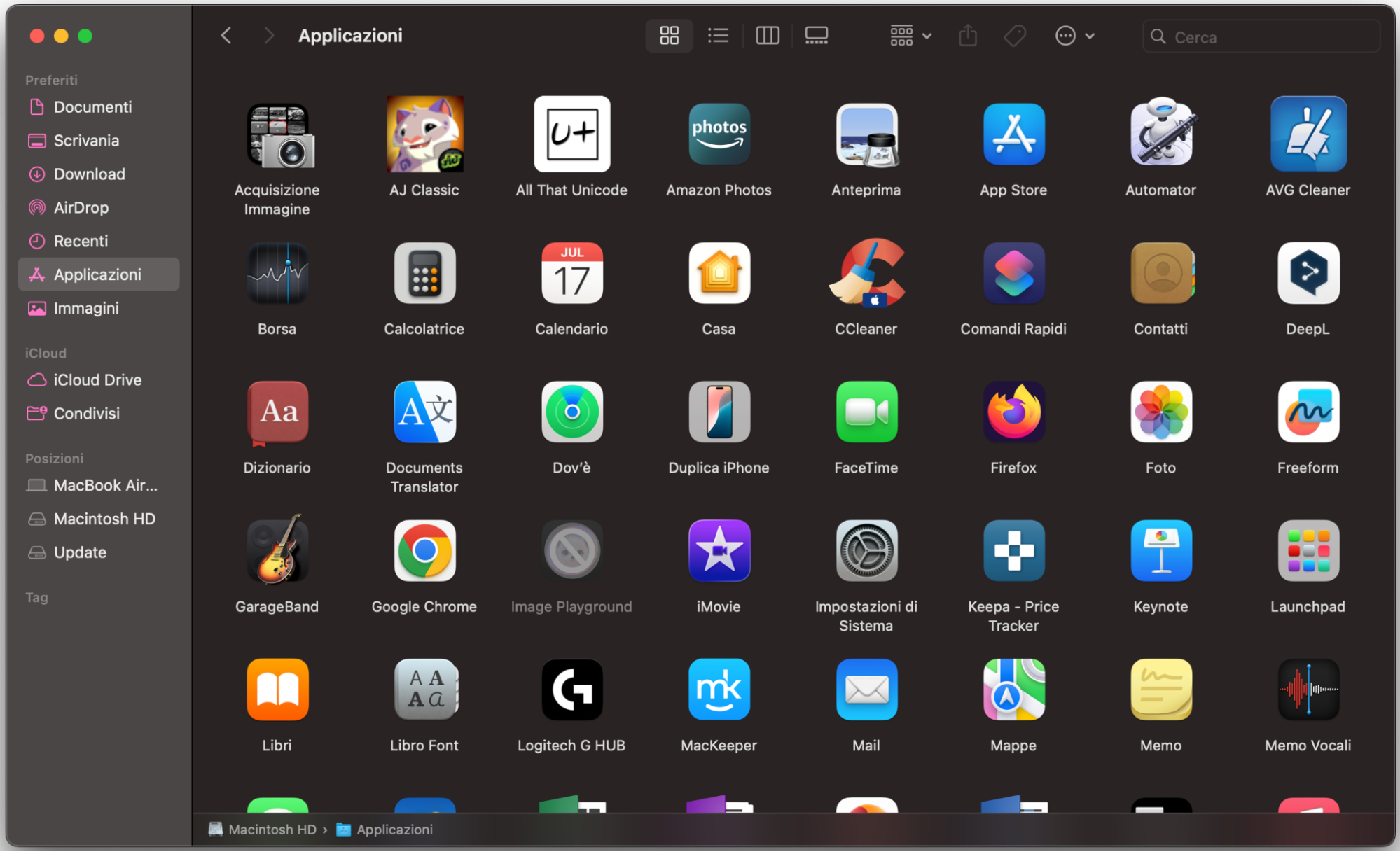 La cartella Applicazioni è aperta per mostrarti un aiuto importante: le icone rapide per trovare e aprire app usate raramente oppure eliminare quelle che non ti servono.