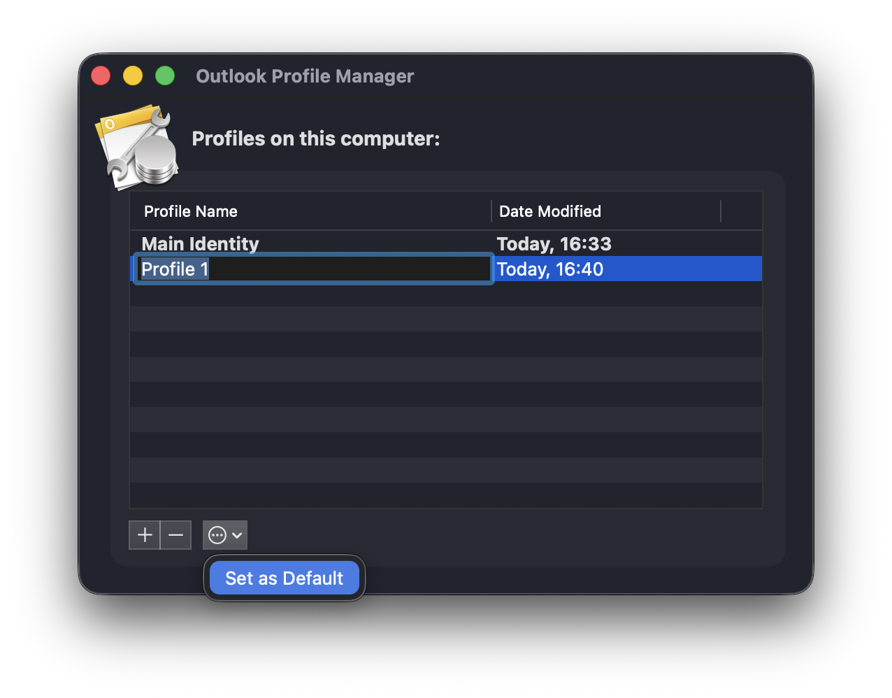 You must set the new Outlook profile you’ve created as the default. To achieve this, click the gear icon and select Set as Default.