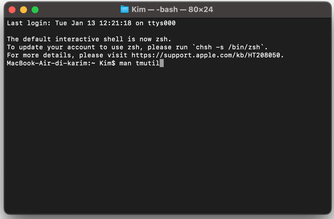 Puoi controllare la funzione Time Machine di macOS tramite lo strumento Terminale chiamato tmutil (Time Machine utility). Digita 'man tmutil' per visualizzare il manuale di tmutil.