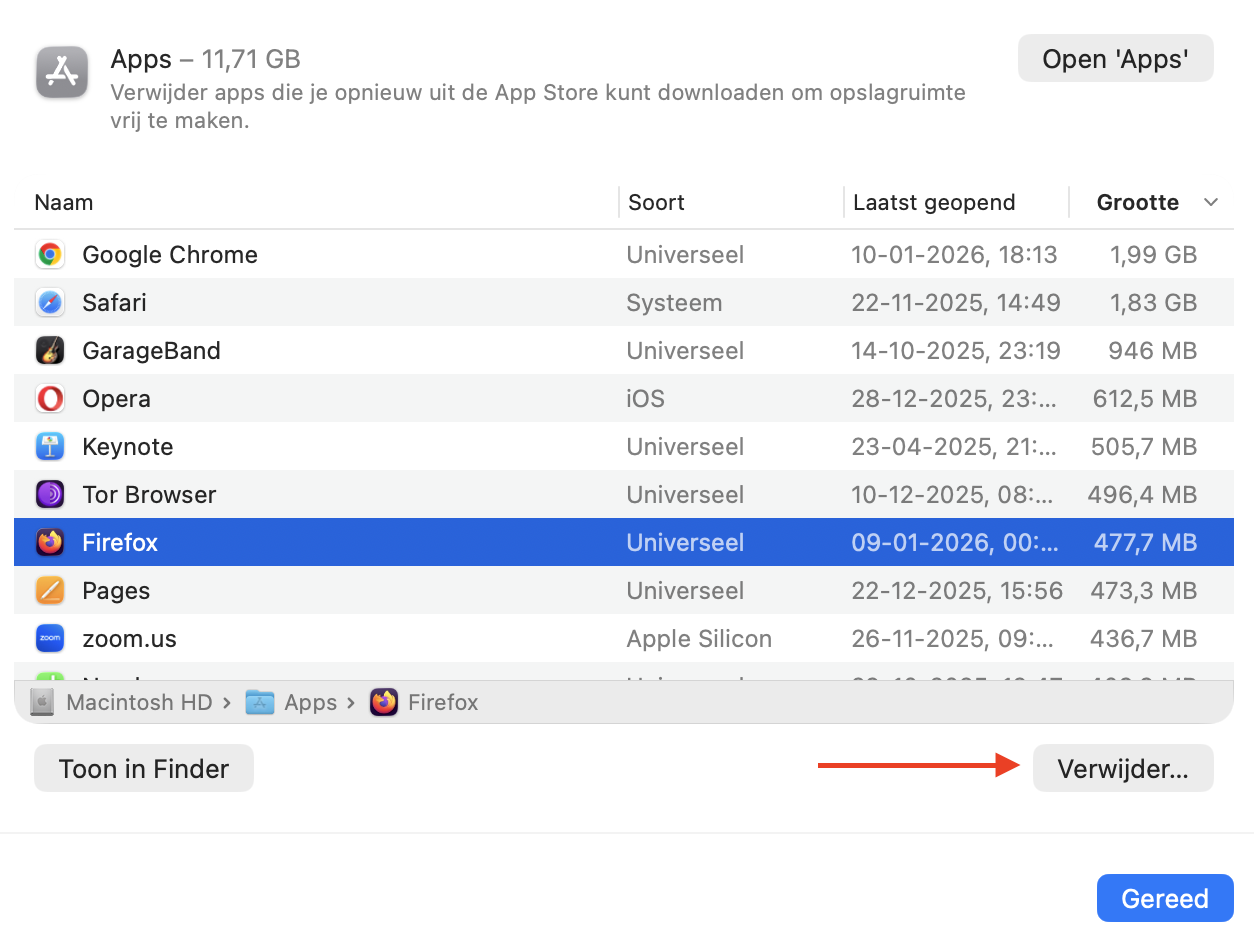 Systeeminstellingen op de Mac toont de sectie Apps in het menu Opslag. Selecteer de app die je wilt verwijderen en klik op Verwijder.