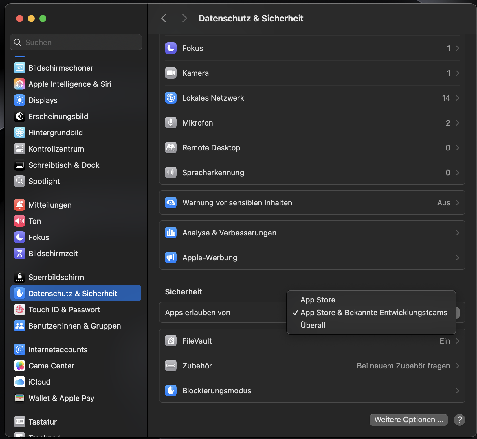 Neben Überall unter Anwendungen erlauben von, sollte ein Häkchen erscheinen.