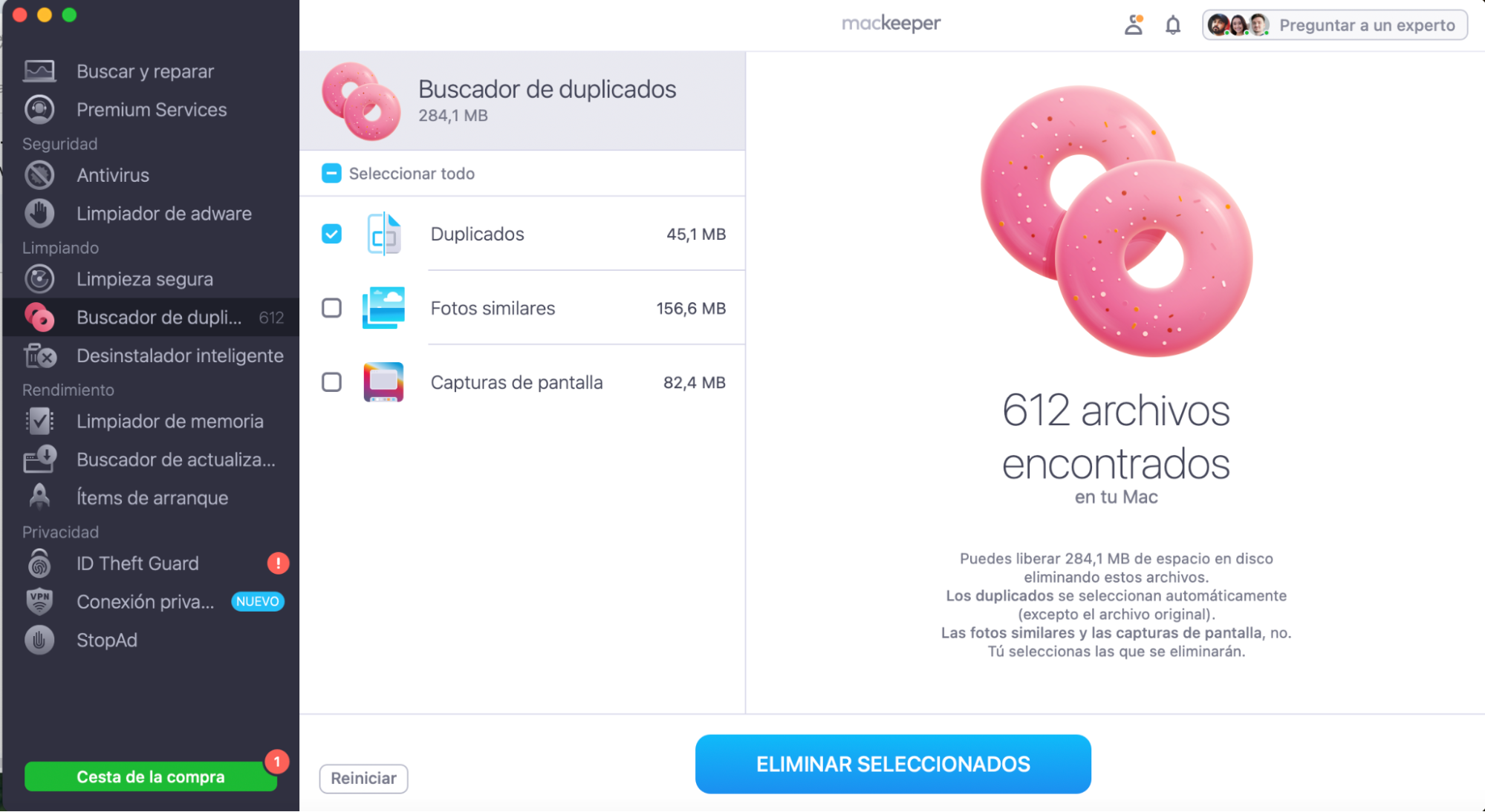 La aplicación te mostrará la lista de duplicados. Selecciona los que quieras eliminar y haz clic en Eliminar seleccionados.