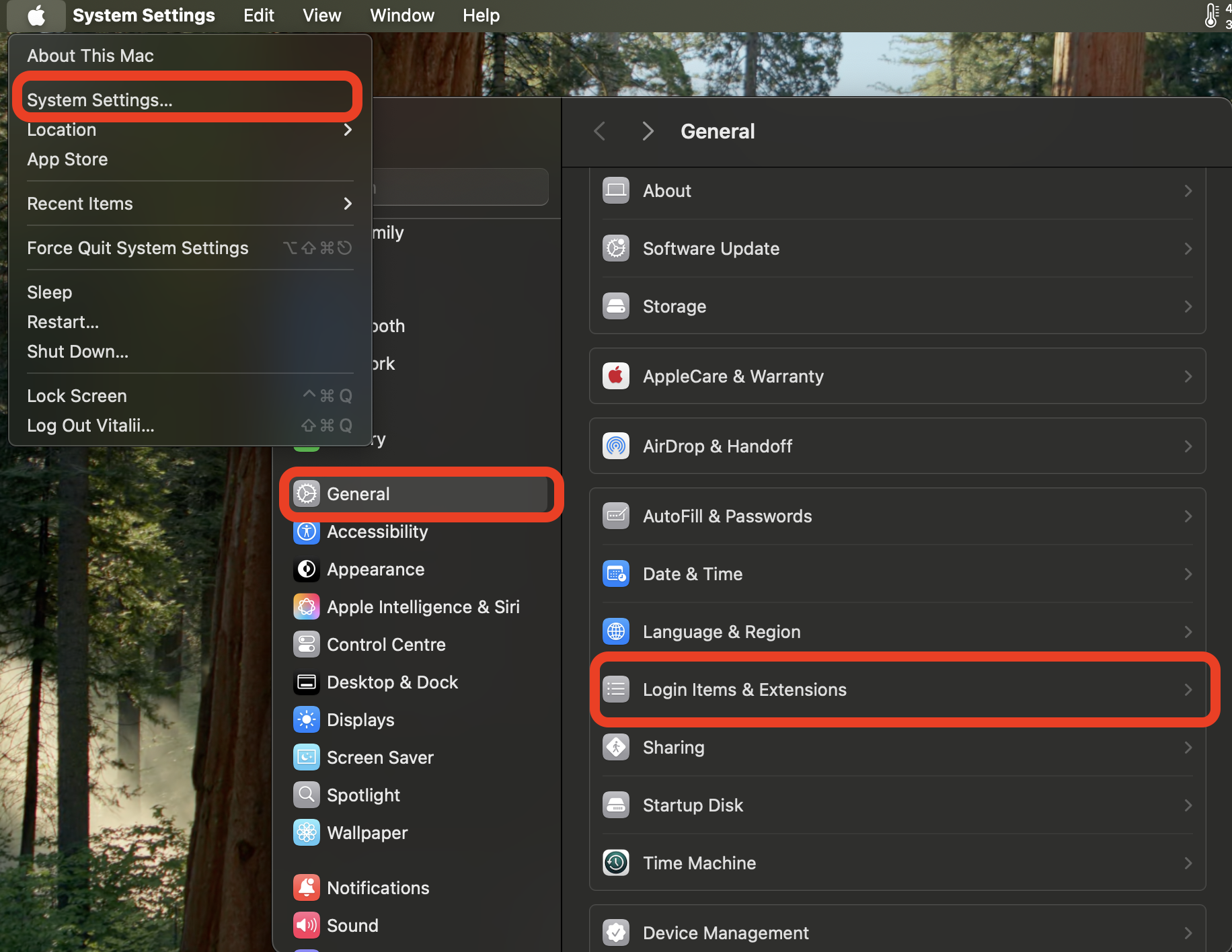 Apple menu and System Settings General pane open on macOS Sequoia with Login Items and Extensions highlighted to manage startup apps on Mac.