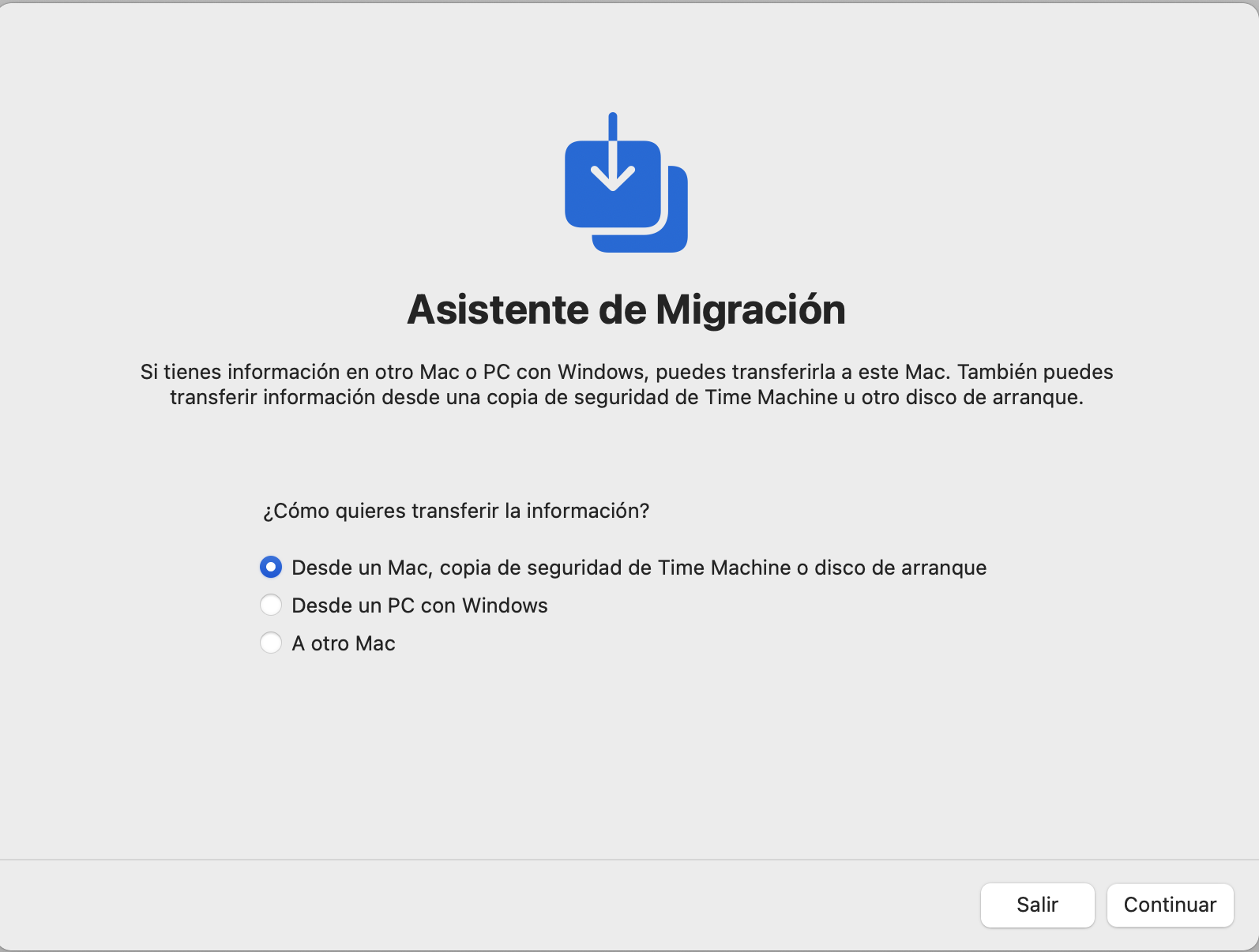 El Asistente de Migración de macOS puede restaurar tu Mac a partir de una copia de seguridad de Time Machine. Después de restablecer de fábrica el Mac, ejecuta esta herramienta. El Asistente de Migración de macOS puede restaurar tu Mac a partir de una copia de seguridad de Time Machine. Después de restablecer de fábrica el Mac, ejecuta esta herramienta.