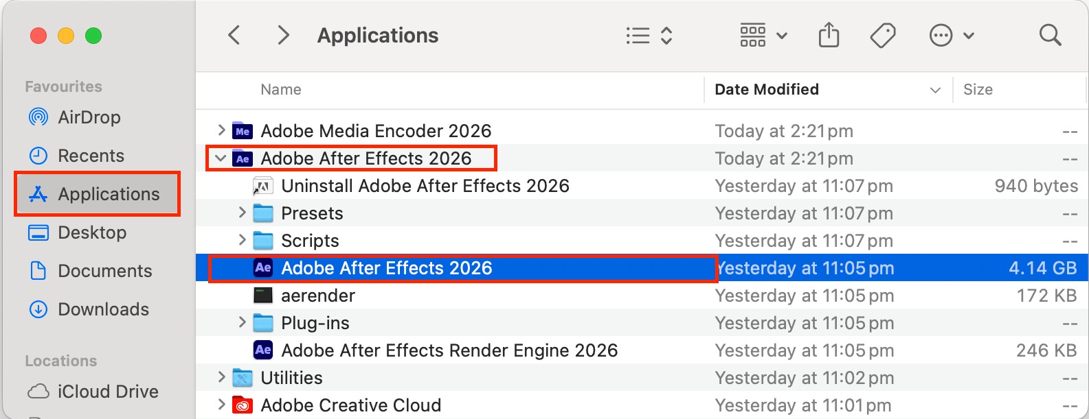 macOS Finder Applications folder with Adobe After Effects 2026 selected, showing the app file highlighted to run it.