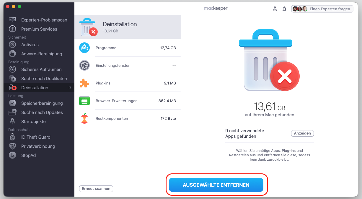 Prüfen Sie die Liste der vom Tool Deinstallation erkannten Objekte. Markieren Sie die Elemente, die Sie löschen möchten, und klicken Sie auf Ausgewählte entfernen.