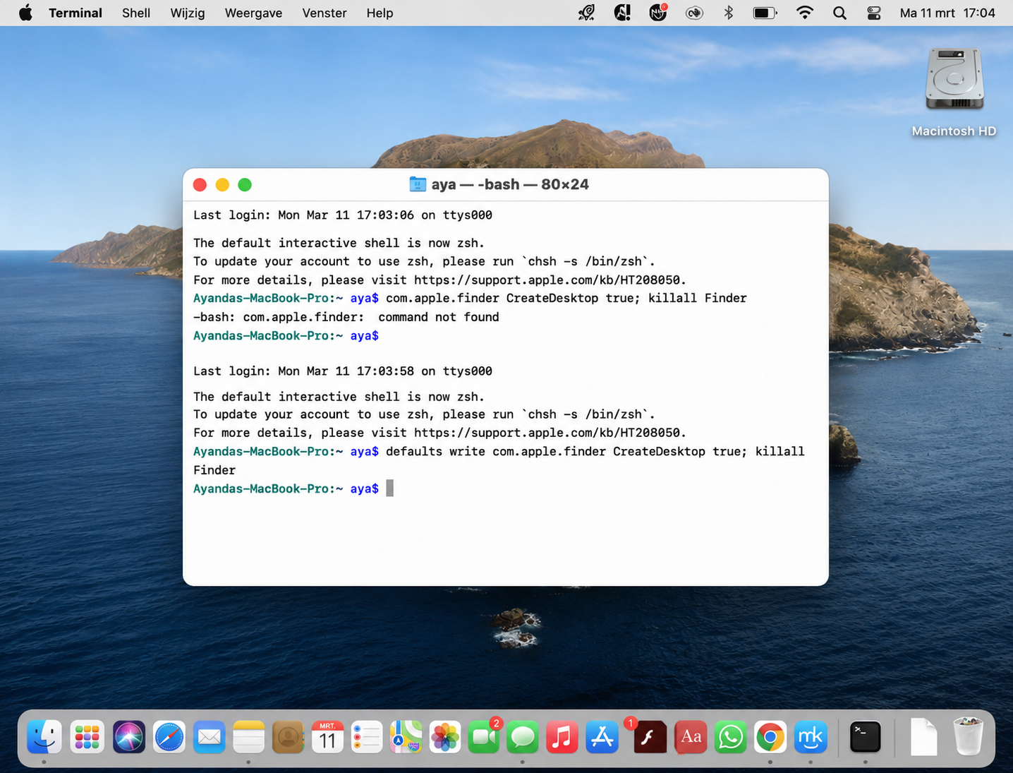 Om Mac-bureaublad pictogrammen weer te geven, kopieer en plak je de opdracht defaults write com.apple.finder CreateDesktop true; killall Finder in het Terminal-venster en druk je op Enter. Mogelijk wordt je gevraagd het beheerderswachtwoord in te voeren.