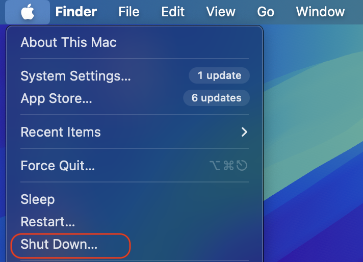 The Apple menu options appear on a Mac screen. Click on the Apple menu, followed by the Shut down option to use Disk Utility in Recovery Mode.