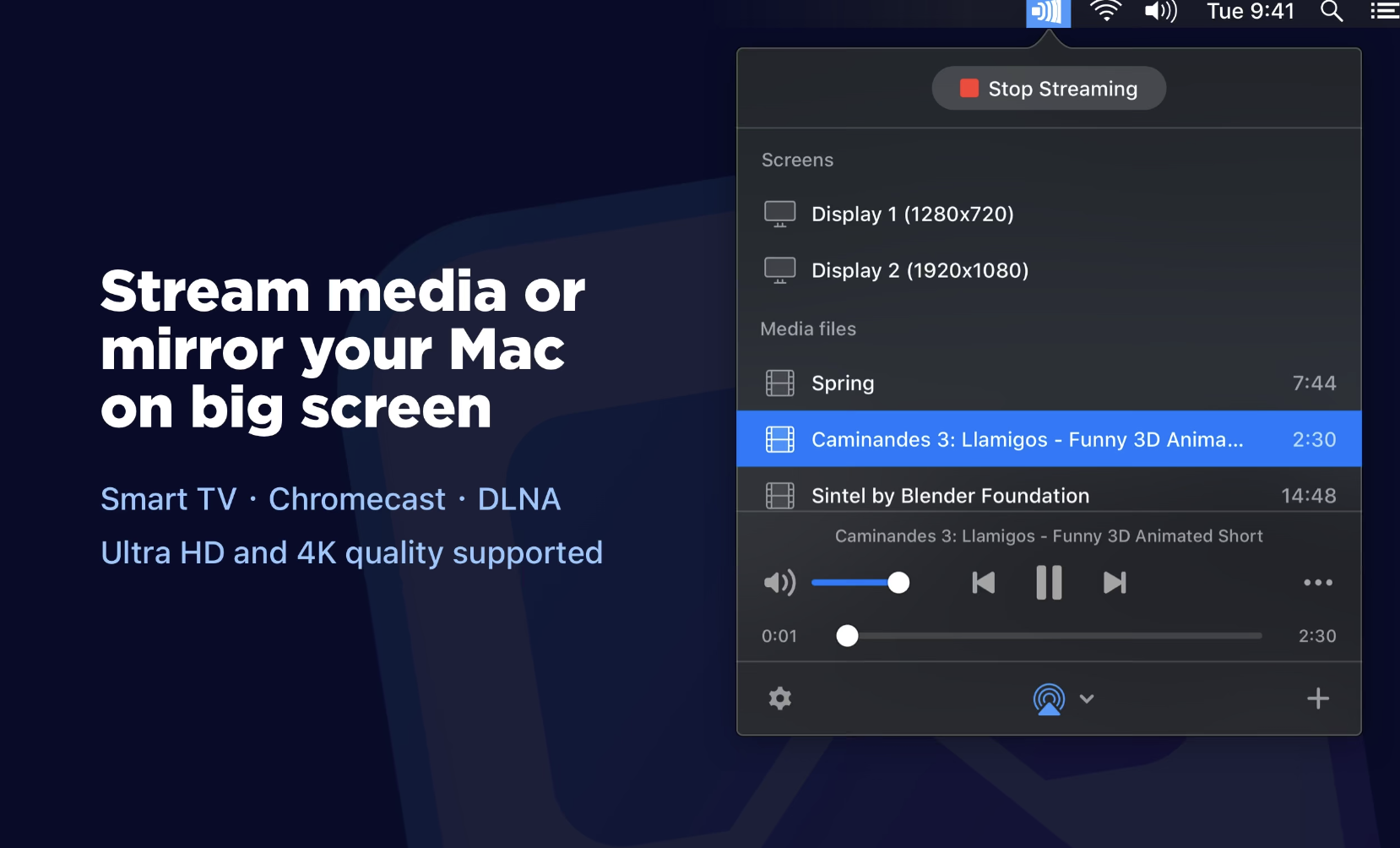 JustStream third-party mirroring app menu on macOS listing Mac displays and media files to stream from an Apple computer to Roku wirelessly.