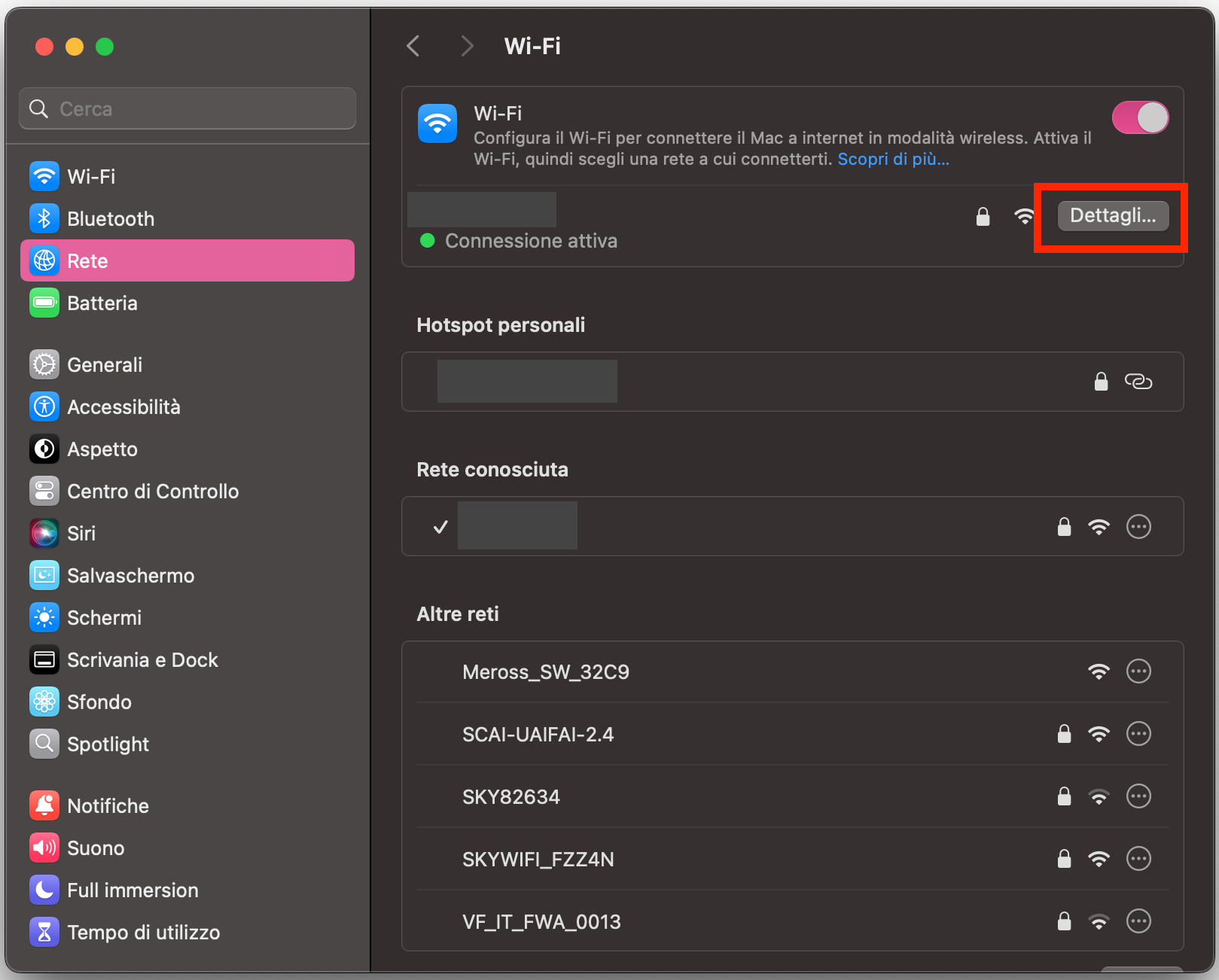 Per modificare le impostazioni DNS e verificare se migliorano la connessione Internet del Mac, clicca sul pulsante Dettagli accanto alla rete a cui sei connesso.