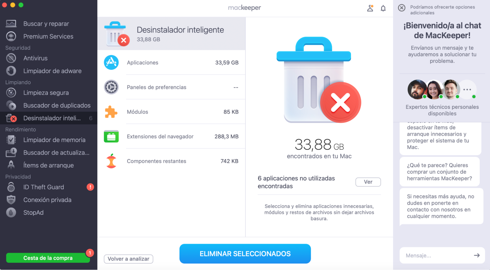 La función Desinstalador inteligente de MacKeeper permite a los usuarios de Mac eliminar y limpiar sus dispositivos de aplicaciones y archivos sobrantes que ocupan demasiado espacio. MacKeeper también eliminará widgets, plugins y extensiones de navegador no deseados para mejorar el rendimiento y recuperar espacio en disco.