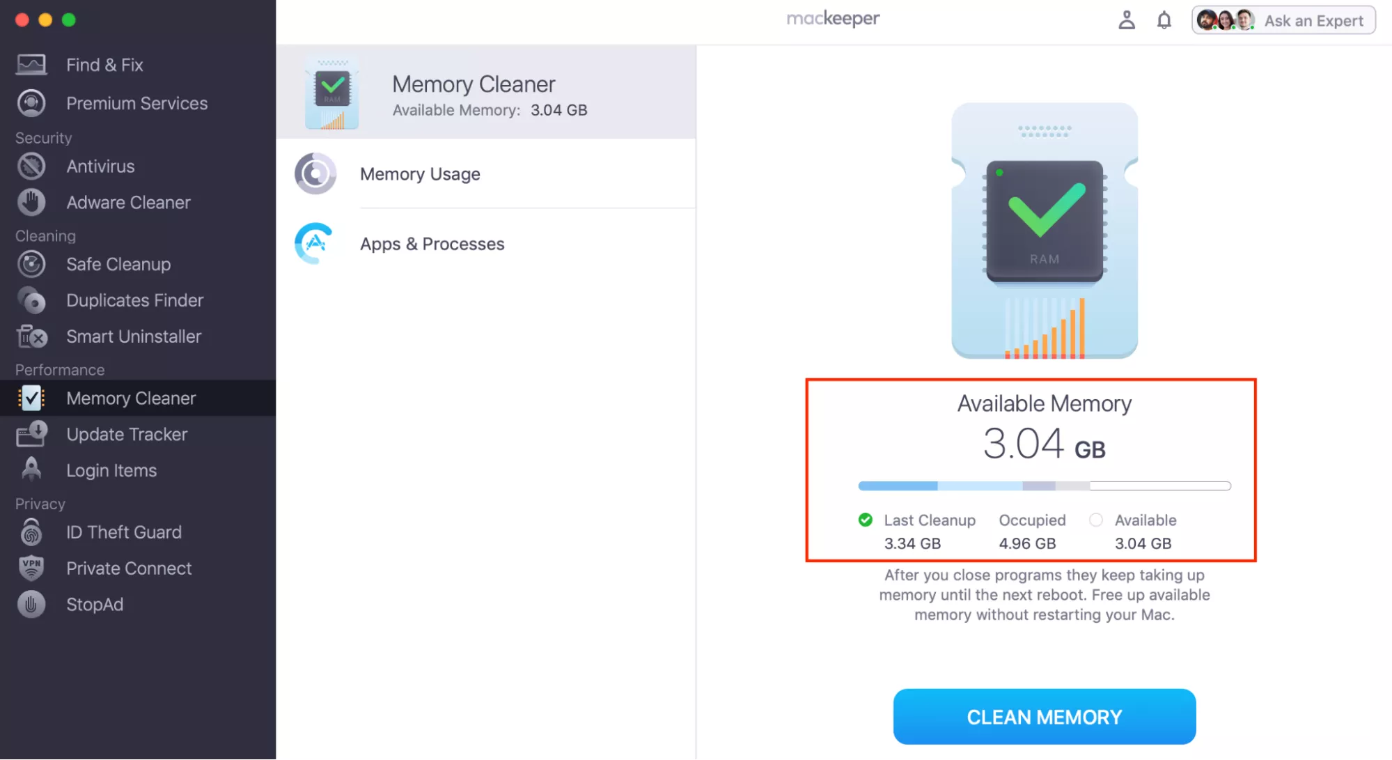 MacKeeper's Memory Cleaner window on a Mac showing Available Memory of 3.04 GB with the Clean Memory button ready to free up RAM.