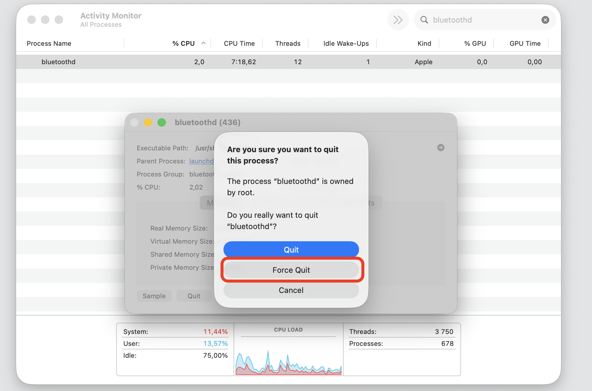macOS confirmation dialog on a MacBook with Force Quit selected to stop the bluetoothd process and clear its high CPU usage.