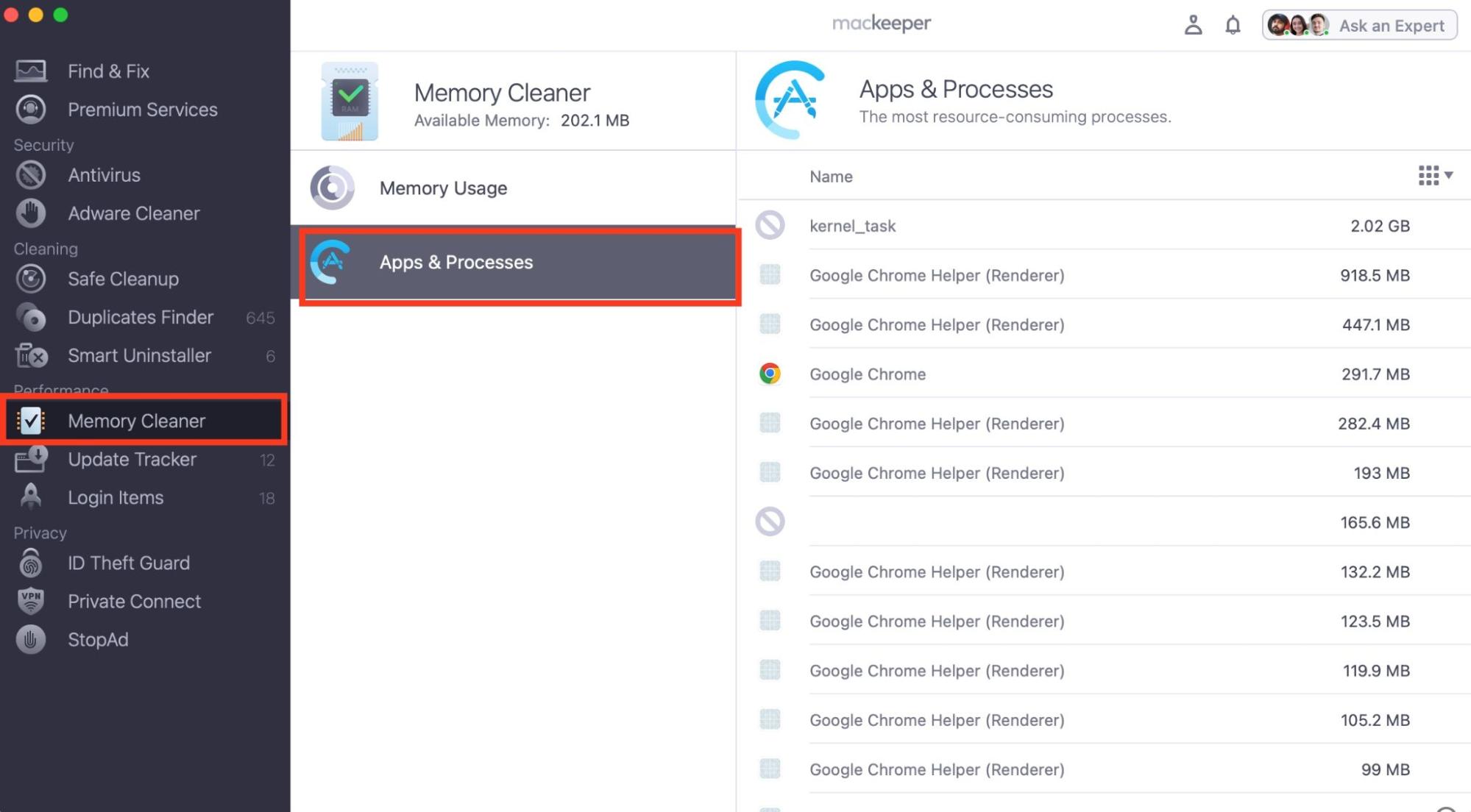 MacKeeper is open on a MacBook laptop. Click on Apps & Processes, browse the list of processes, and click the x next to Chronod on Mac.