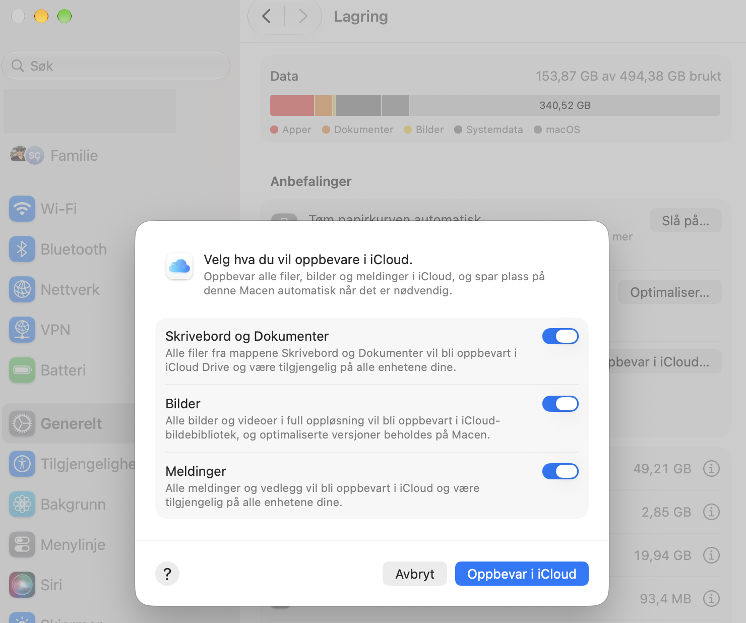 iCloud Drive-menyen i Systeminnstillinger på Mac som viser hvilke data som sikkerhetskopieres. Sørg for at filene dine lastes opp til iCloud Drive for å frigjøre plass når oppstartsdisken på Macen er full.