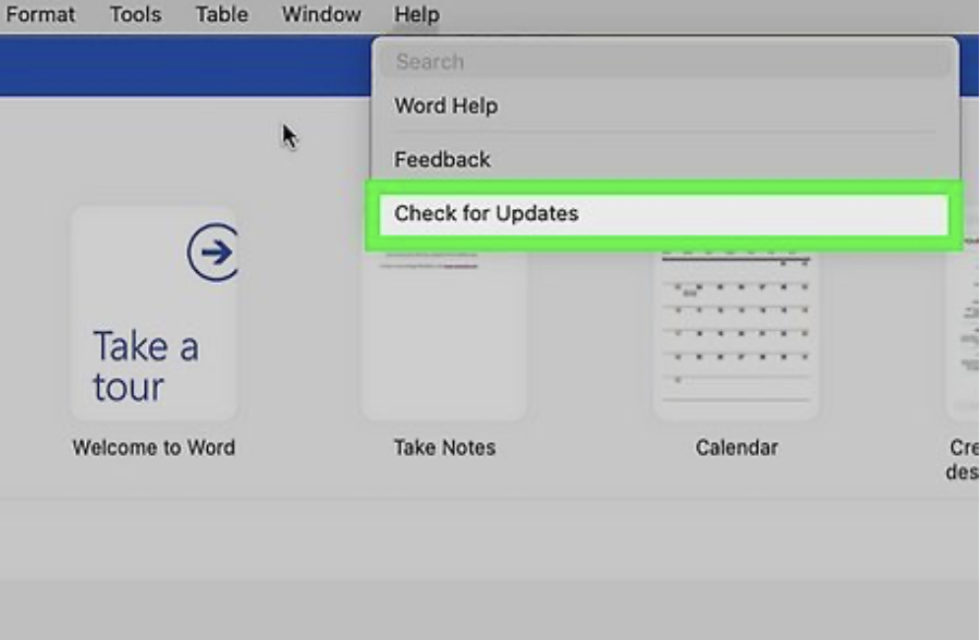 To check for outstanding Microsoft Word updates, open the app and click on Help. Scroll down and select Check for updates. If any are available, follow the on-screen instructions.