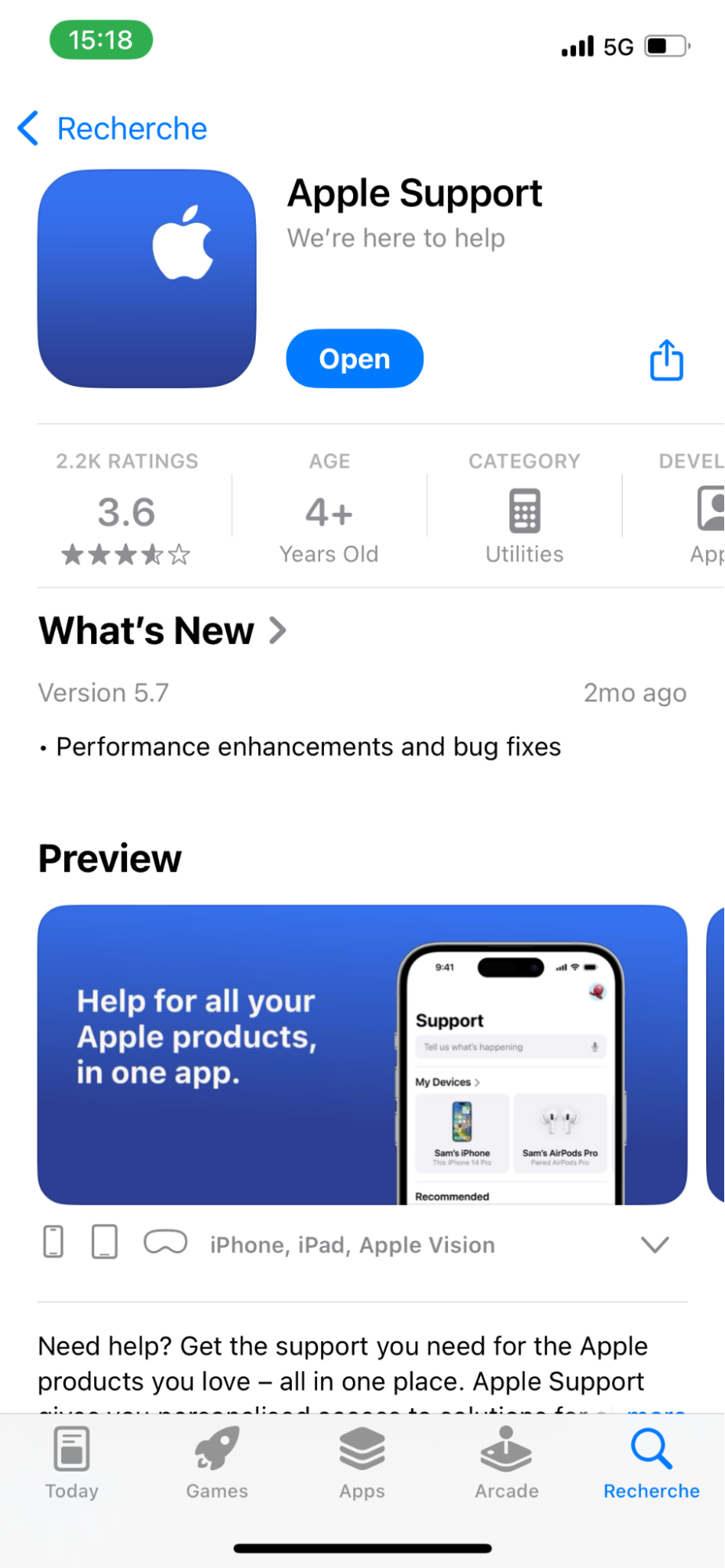 L'application Apple Support dans l'App Store, affichant l'historique des versions et le détails des autres applications, avant que l'utilisateur ne télécharge l'application L'application Apple Support dans l'App Store, affichant l'historique des versions et le détails des autres applications, avant que l'utilisateur ne télécharge l'application