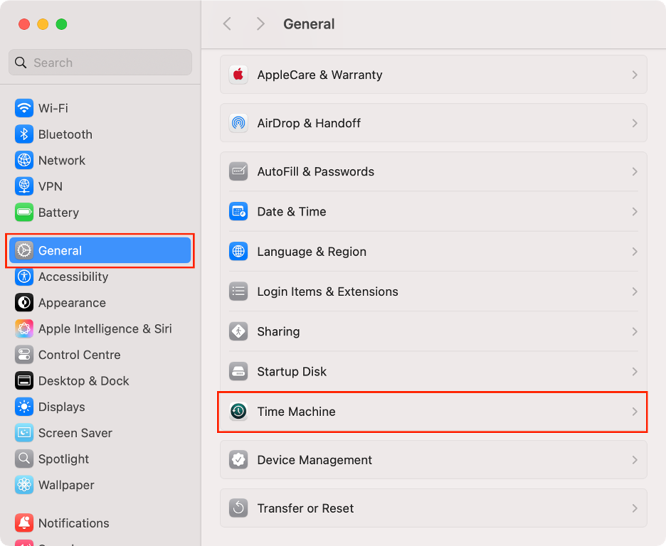 To perform a backup on your Mac before installing macOS Sequoia, select General from the sidebar, then click Time Machine.
