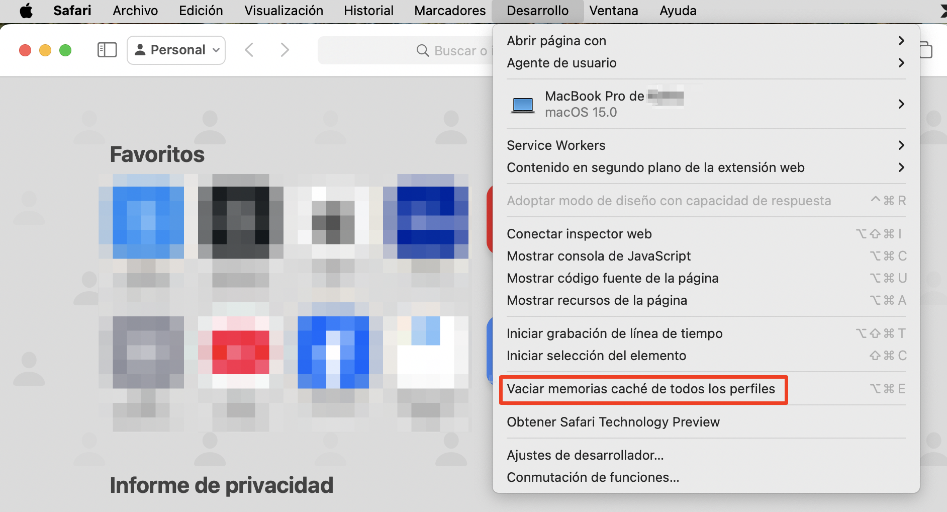En la etapa final de este proceso de tres pasos, selecciona Vaciar memorias caché de todos los perfiles en la pestaña Desarrollar para borrar los datos almacenados del sitio web y ayudar a borrar la caché de Safari en Mac.