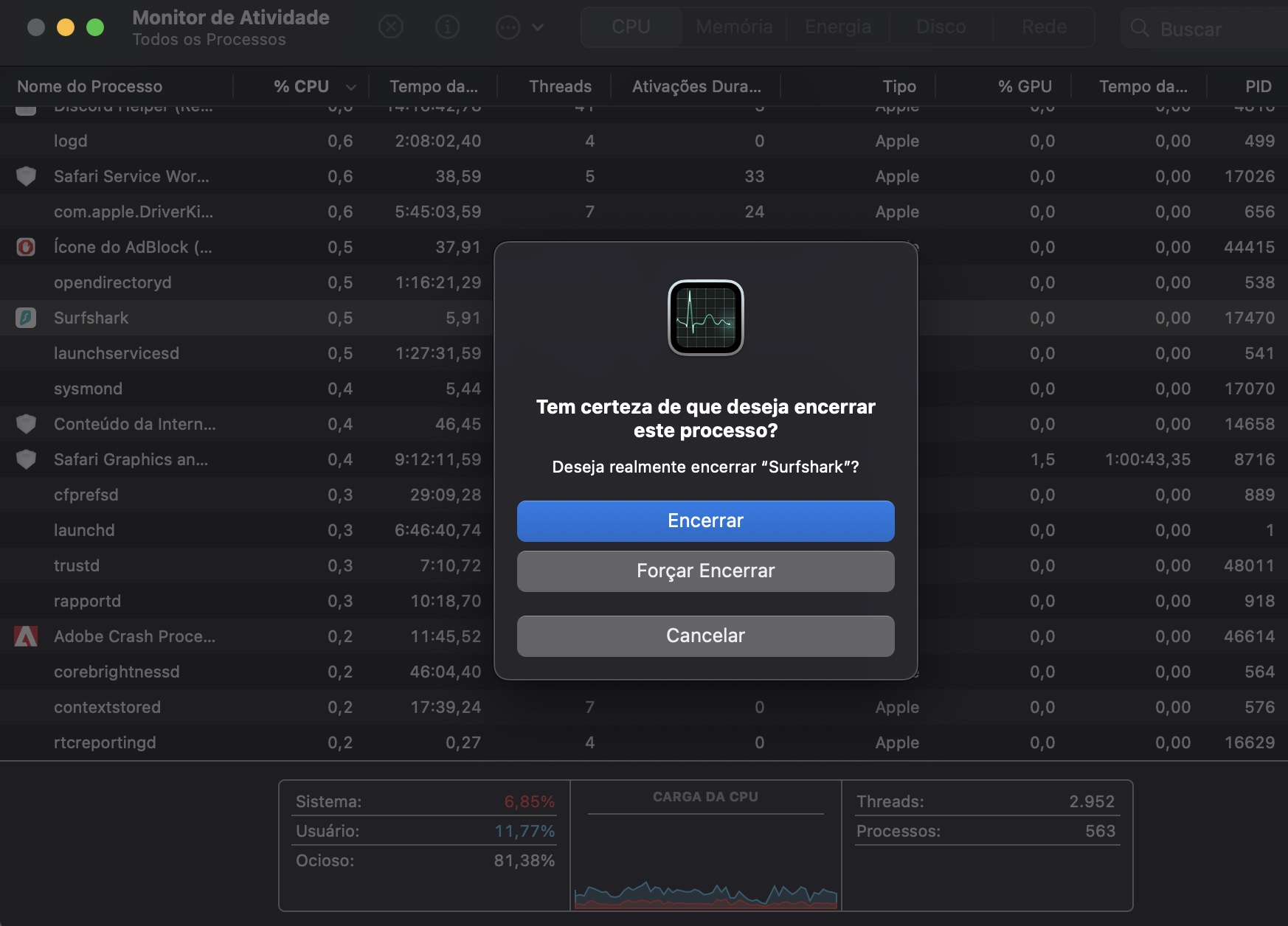 Como próximo passo, o usuário precisa confirmar o encerramento do processo escolhido clicando no botão Encerrar