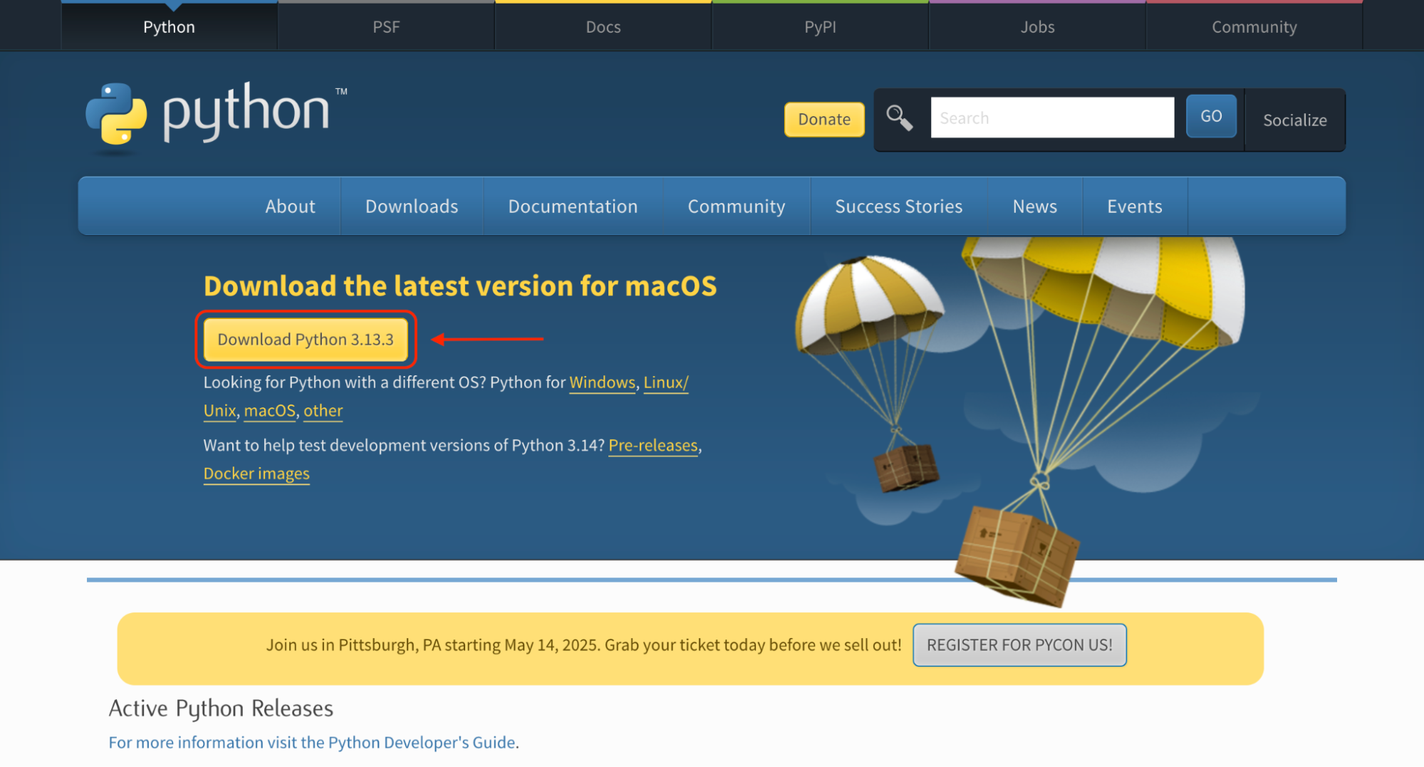 Visit python.org/downloads in your browser and click the Download Python button to get the latest installer for macOS.