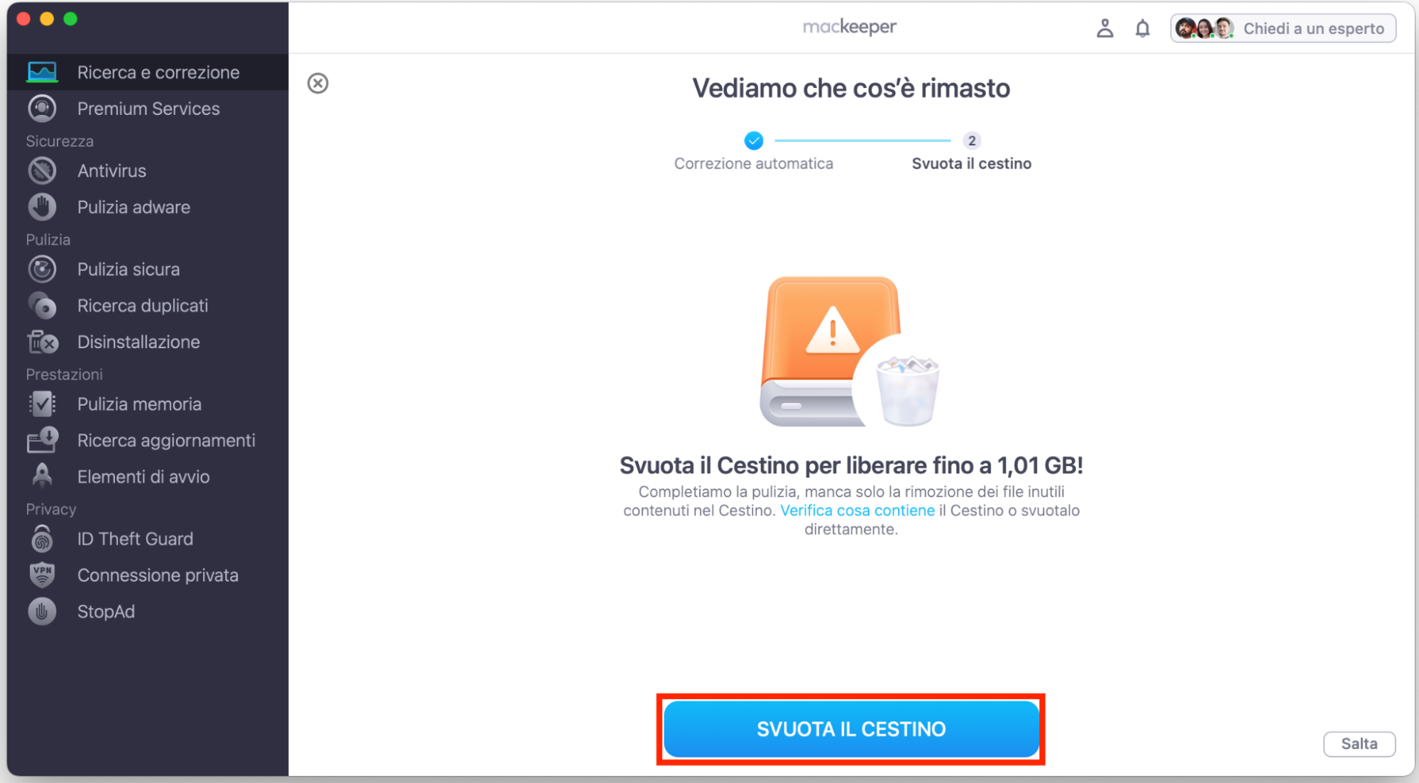 Dopo che MacKeeper avrà risolto i problemi relativi all’altoparlante e ad altri elementi del sistema, potrai scegliere se svuotare il Cestino. Non è obbligatorio, quindi fai clic su Salta se questa opzione non ti riguarda.