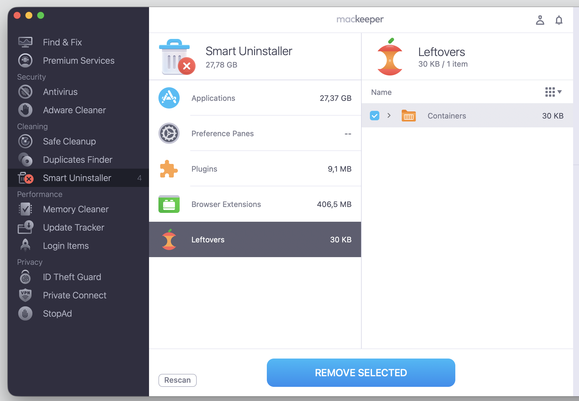 MacKeeper's Smart Uninstaller on a MacBook checking for leftover files after removing an app that was not opening on your Mac.