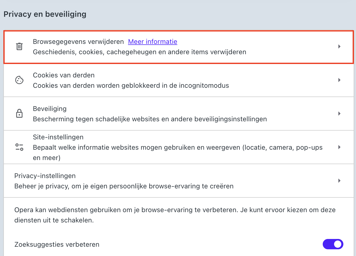 Open in Opera het browsermenu op je Mac, kies ‘Browseggegevens verwijderen’.