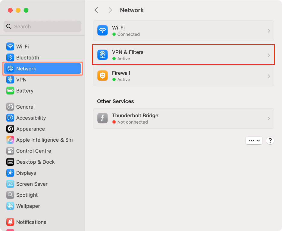 To disable privacy tools that might conflict with iCloud Private Relay, go to System Settings on your Mac, select Network, and choose VPN & Filters.