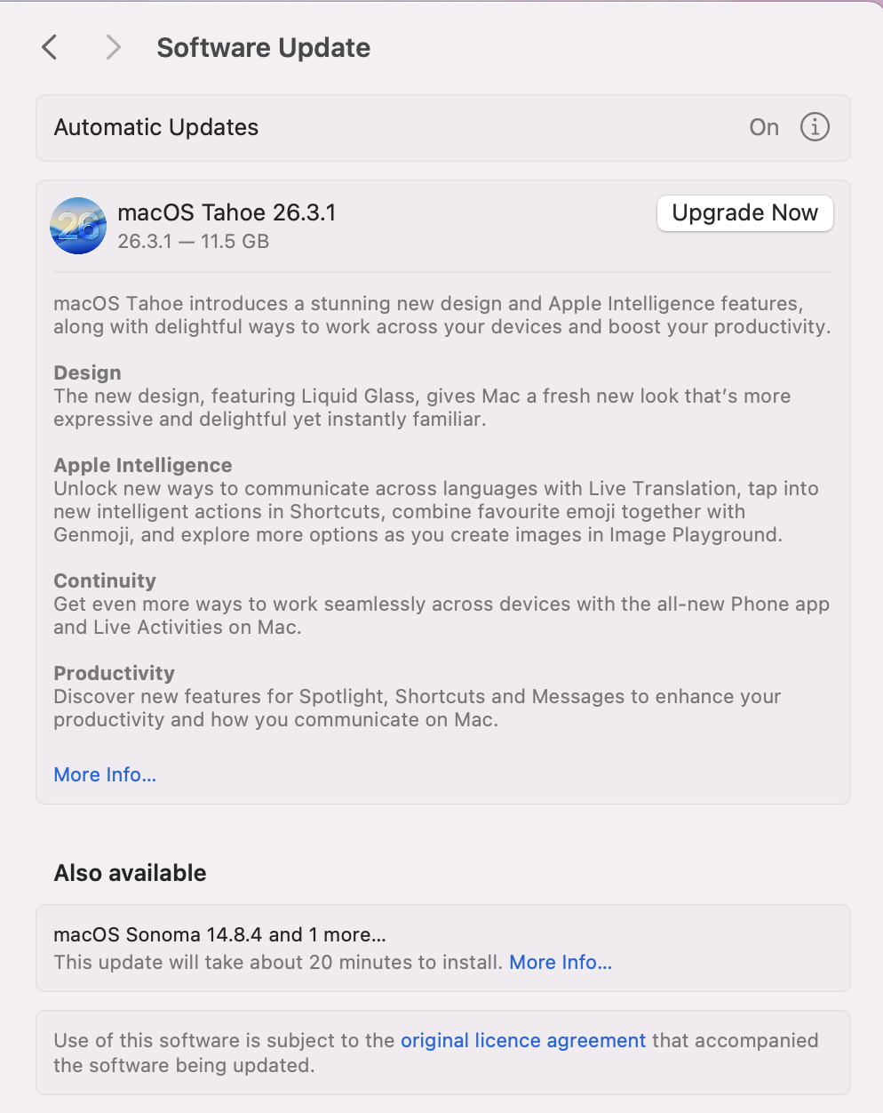 If any updates or upgrades are ready, click on the Update Now button and follow the on-screen instructions.