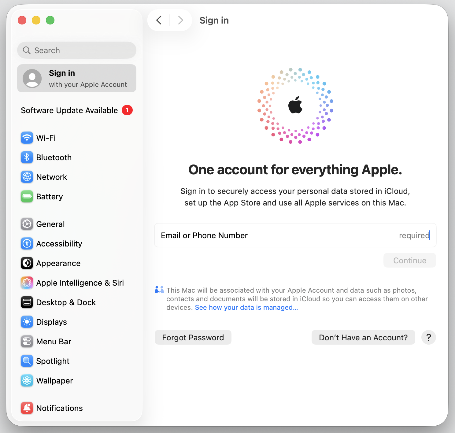 macOS login screen on a MacBook after sign-out, where you log back into your Apple Account to restore iMessage and FaceTime services.