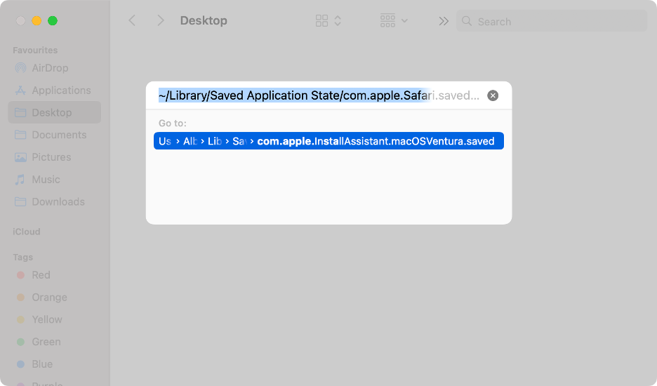 To resolve the application Safari is not open anymore error by resetting Safari on your Mac, copy and paste the ~/Library/Saved Application State/com.apple.Safari.savedState address.