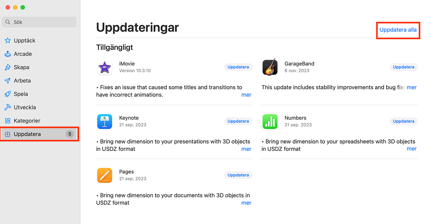 Menyn Uppdatera i App Store på Mac. Om ett av dina program orsakar att din Mac blir jättevarm kan du prova att uppdatera det här för att åtgärda eventuella prestandaproblem.