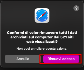 Una finestra di dialogo di conferma per cancellare i dati dei siti web in Safari su Mac. È possibile confermare la rimozione di tutti i dati dei siti web per liberare spazio su Mac facendo clic su Rimuovi ora.
