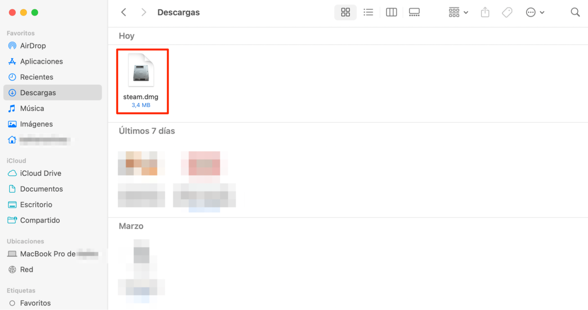 Carpeta de descargas en macOS mostrando el instalador Steam.dmg después de descargarlo del sitio web de steam.