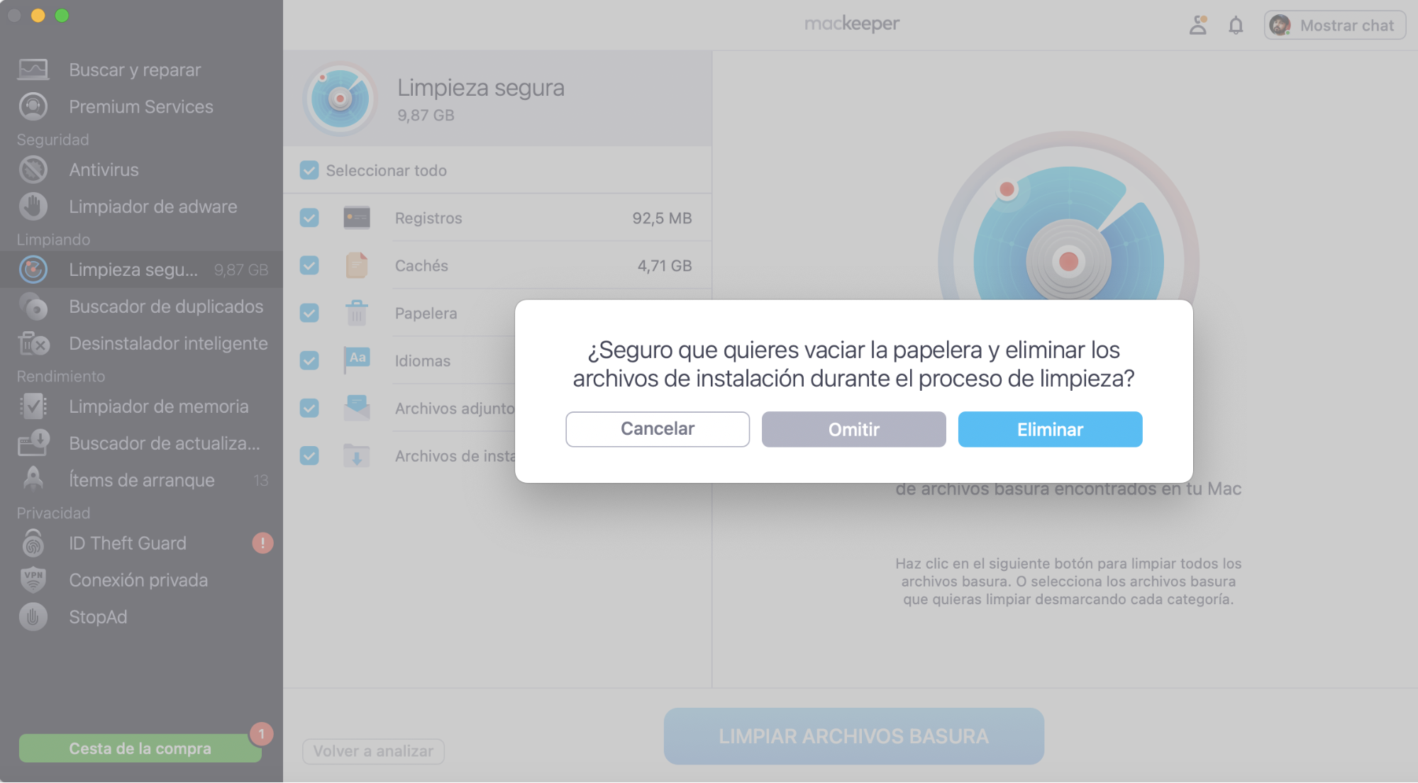 En la ventana desplegable «Limpieza segura» de MacKeeper, haz clic en «Eliminar» para vaciar la Papelera y eliminar los archivos de instalación durante el proceso de limpieza.