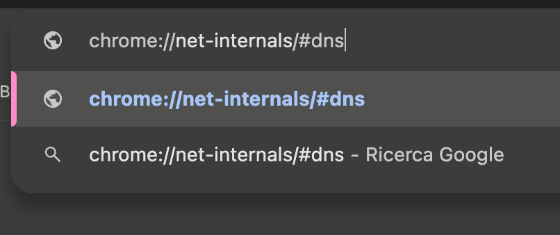Il processo per vedere la cache DNS su Mac con Chrome è diverso ma molto semplice. Apri Chrome e digita chrome://net-internals/#dns nella barra degli indirizzi.