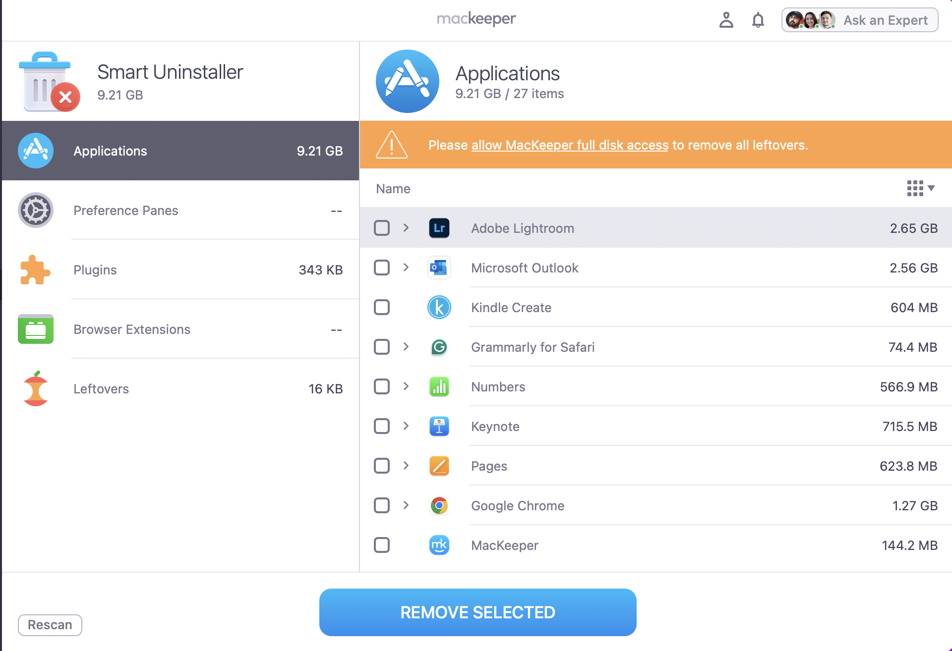 The Smart Uninstaller will scan your device for any outdated software and leftover files that could be interfering with kerbel extensions on Mac. From the list, tick everything you want to remove and press Remove Selected.