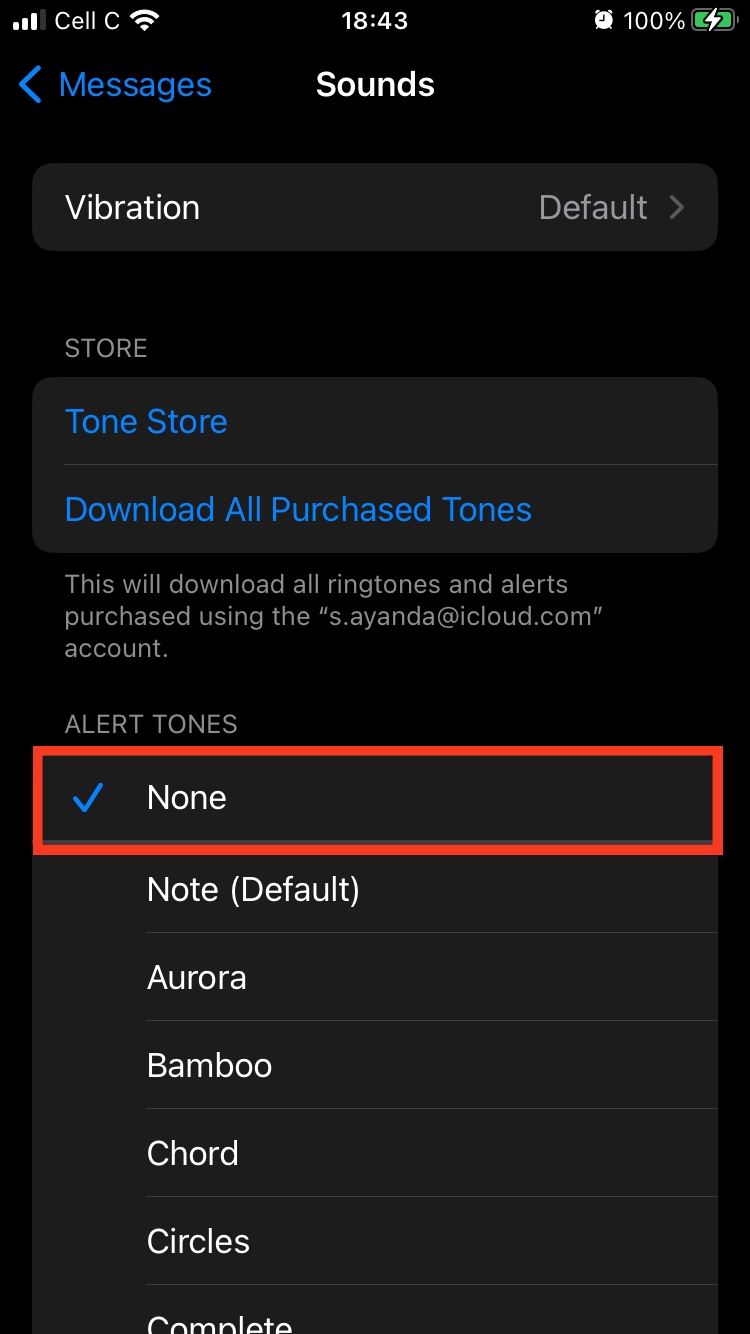 Sound settings are shown in message notification settings on an iPhone. Tap the None option on the list to mute messages and chats.