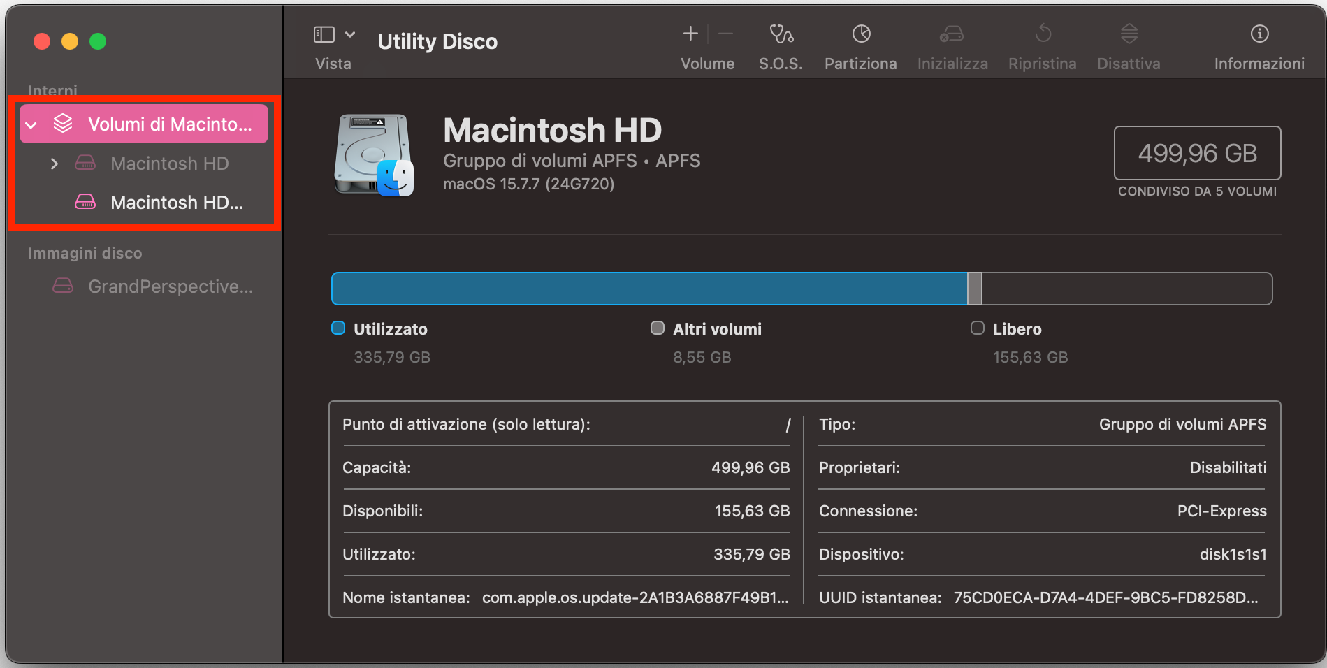 Una volta aperta, scegli il volume di avvio nel pannello di sinistra, di solito denominato Macintosh HD.